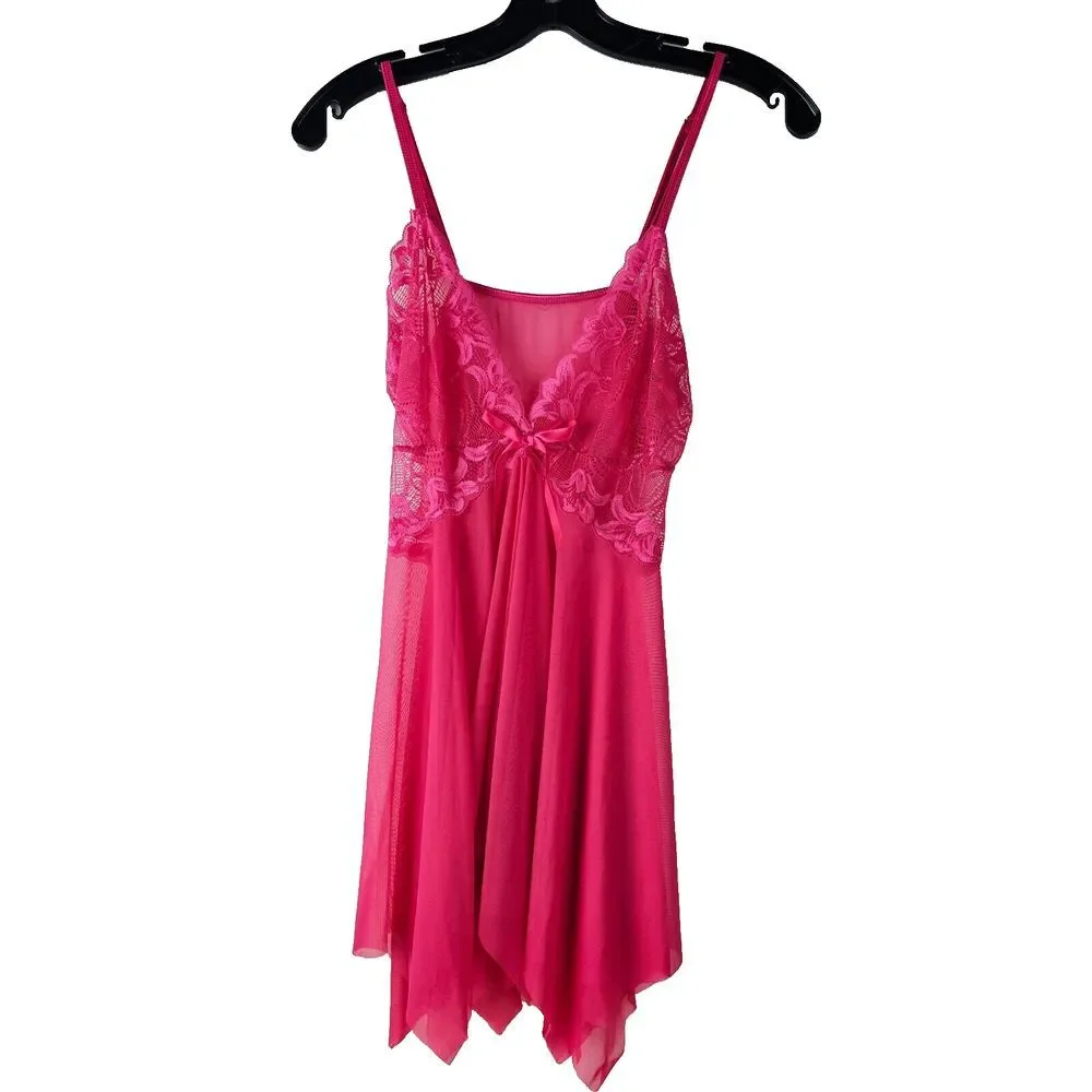 Hot Pink Mesh Lace‎ Sheer Babydoll Chemise Dress Size Medium Lingerie Sexy
